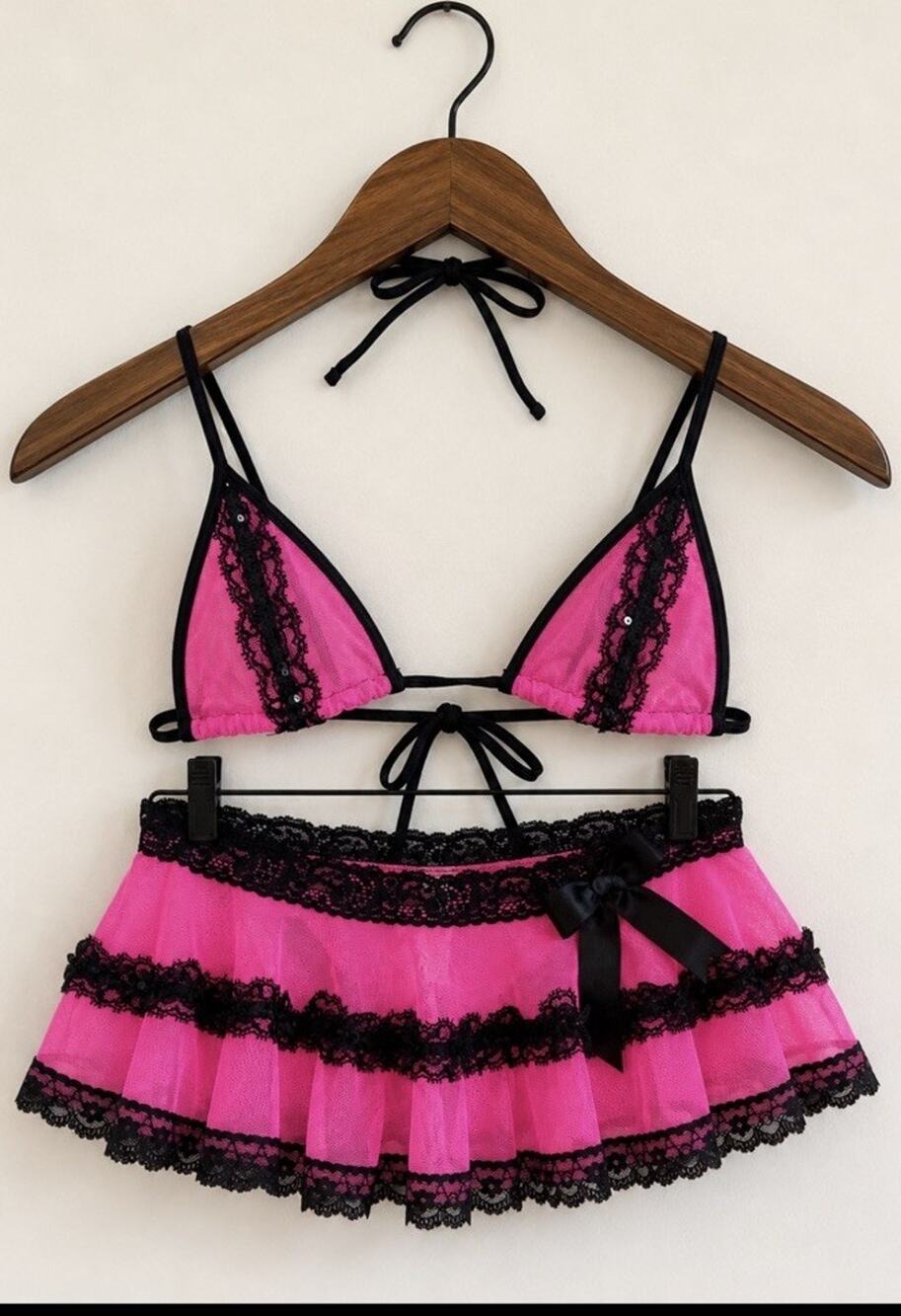 Sexy Hot Sauce Style Pink Black Lace Lingerie Set Bra Skirt Small Nylon Vintage